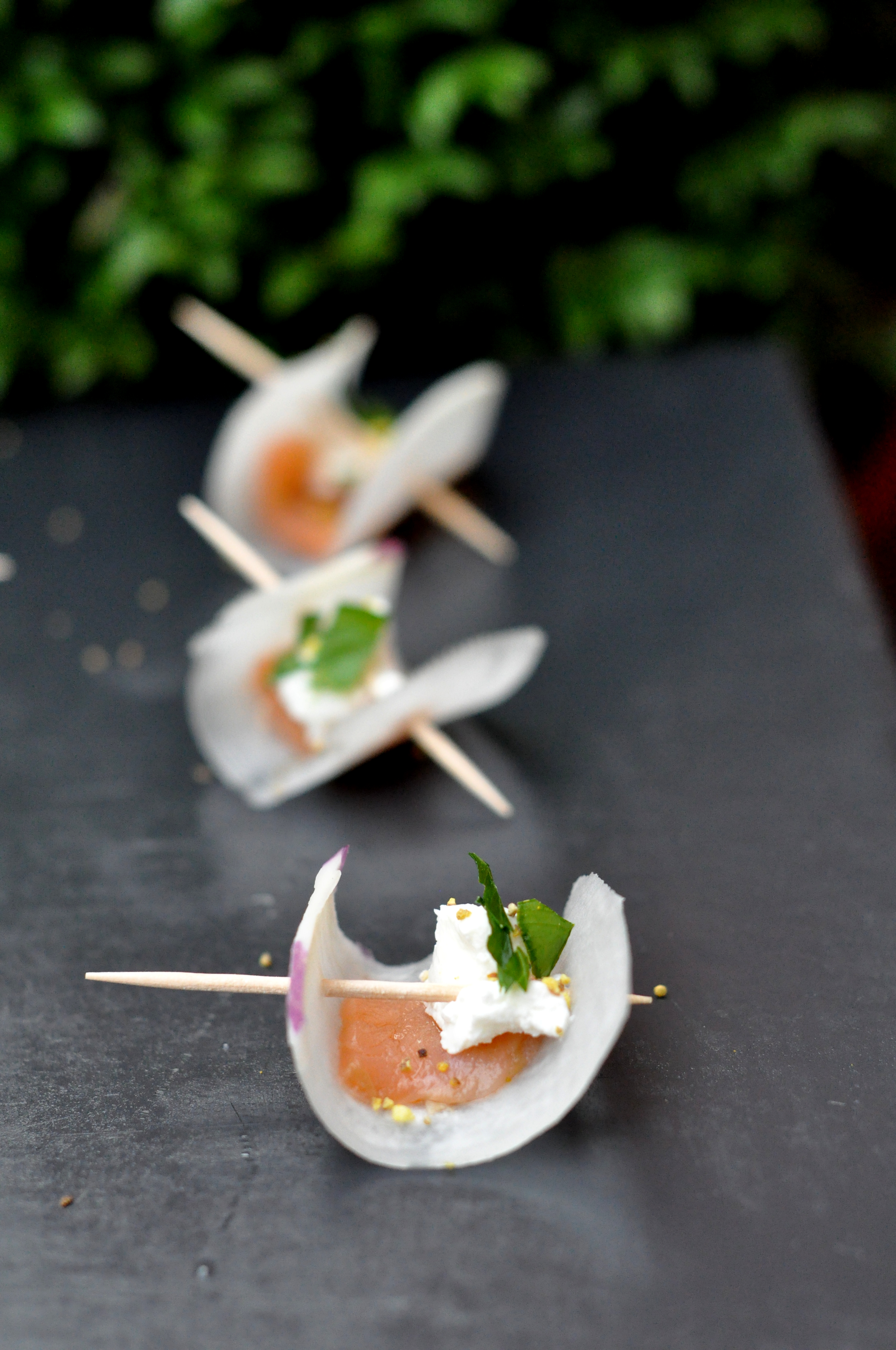 Turnip sails with smoked salmon and creamy goat cheese