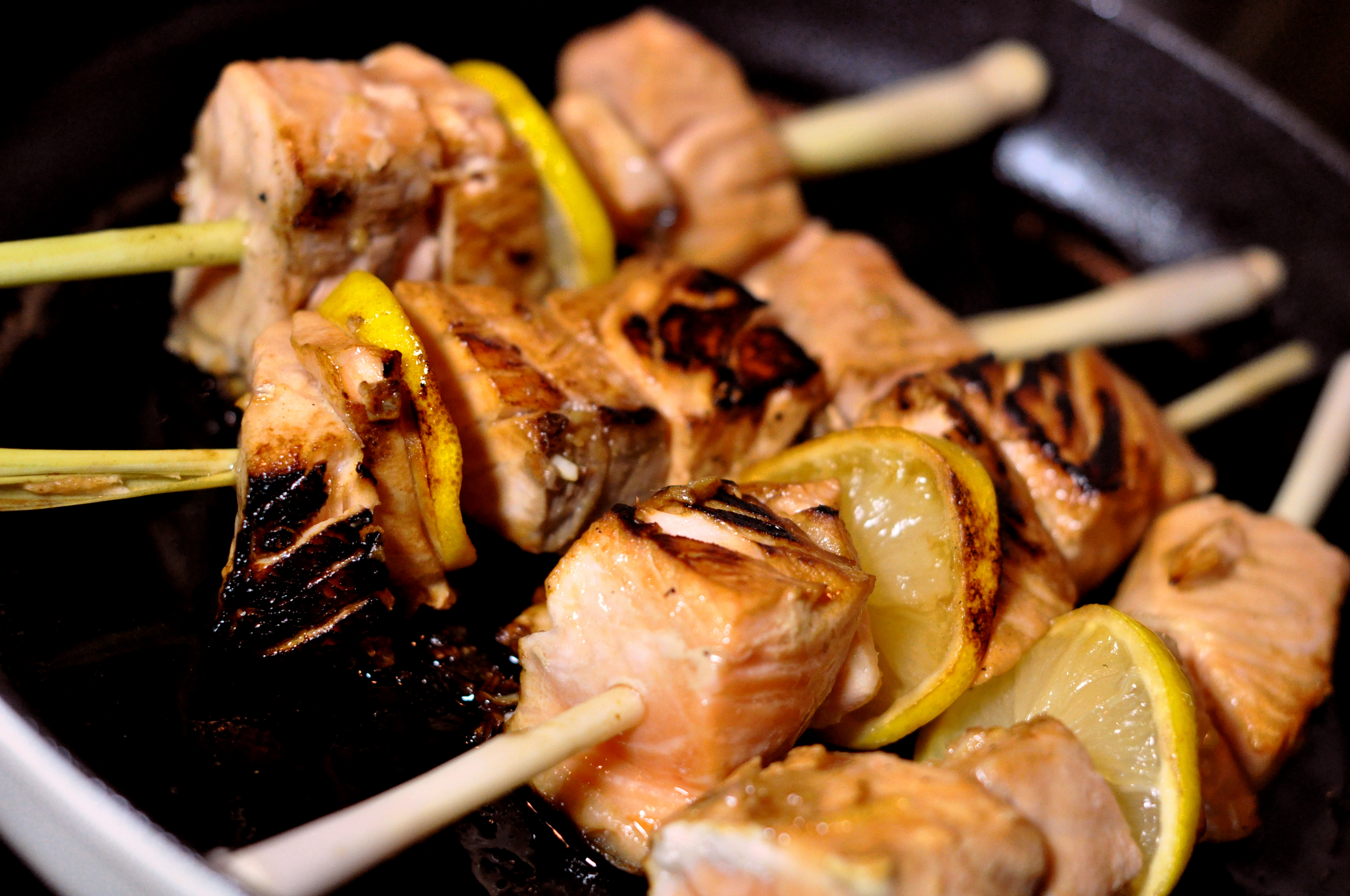 Teriyaki salmon on lemongrass skewers