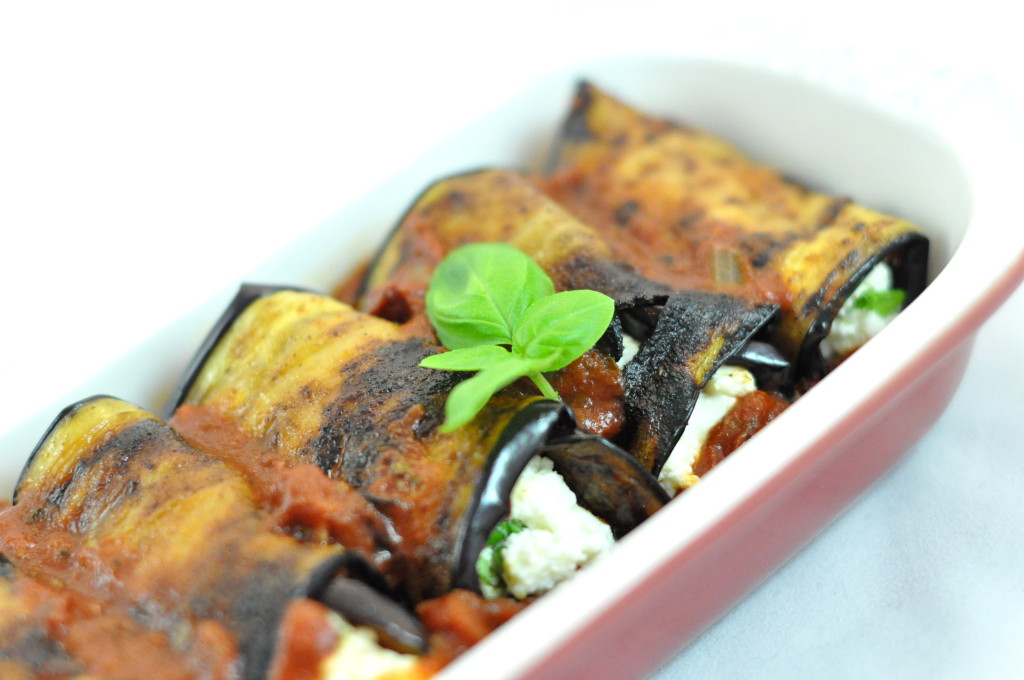 Aubergine involtini with tomato chorizo sauce Maya Cooks