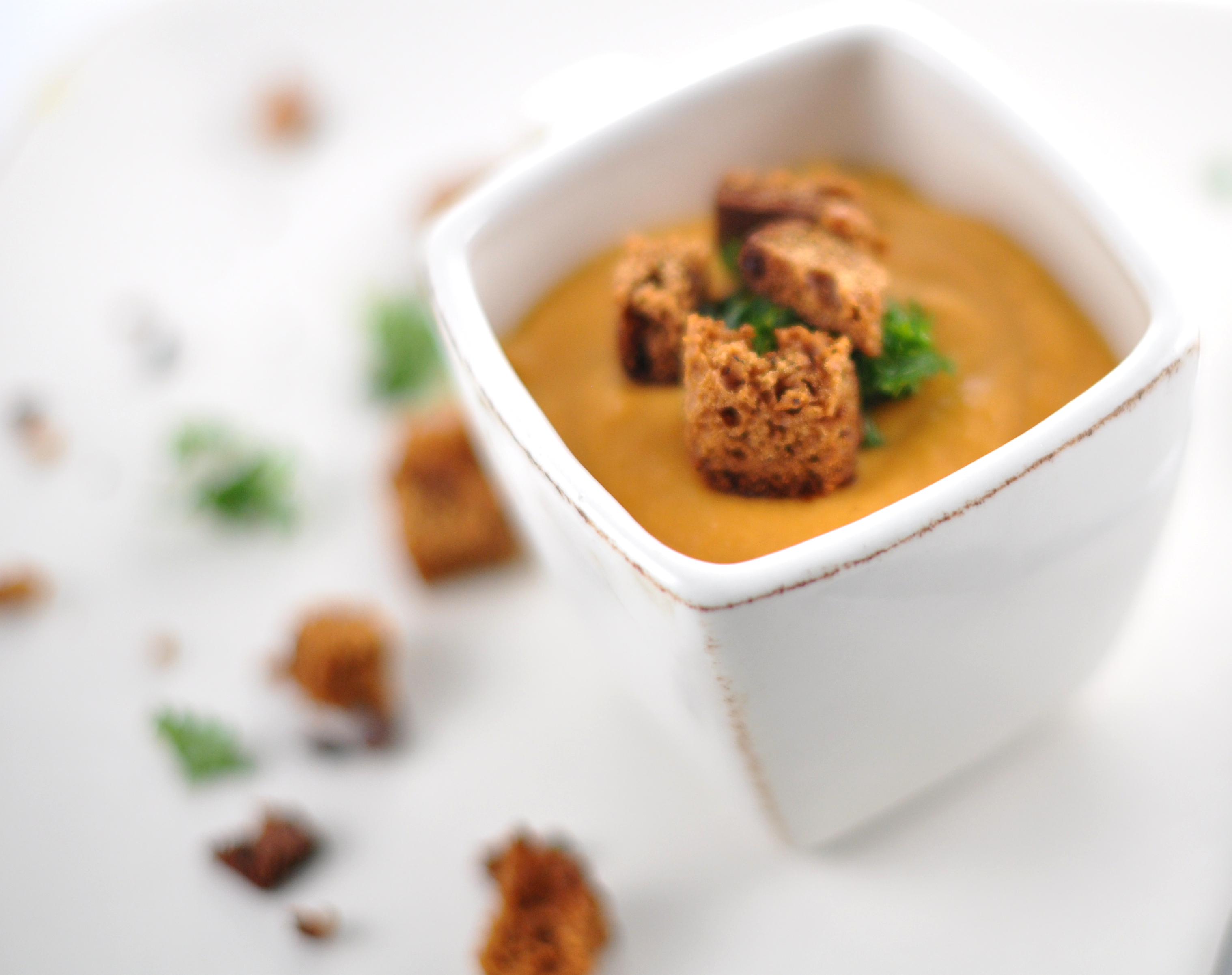 Carrot soup with coconut milk and gingerbread croutons