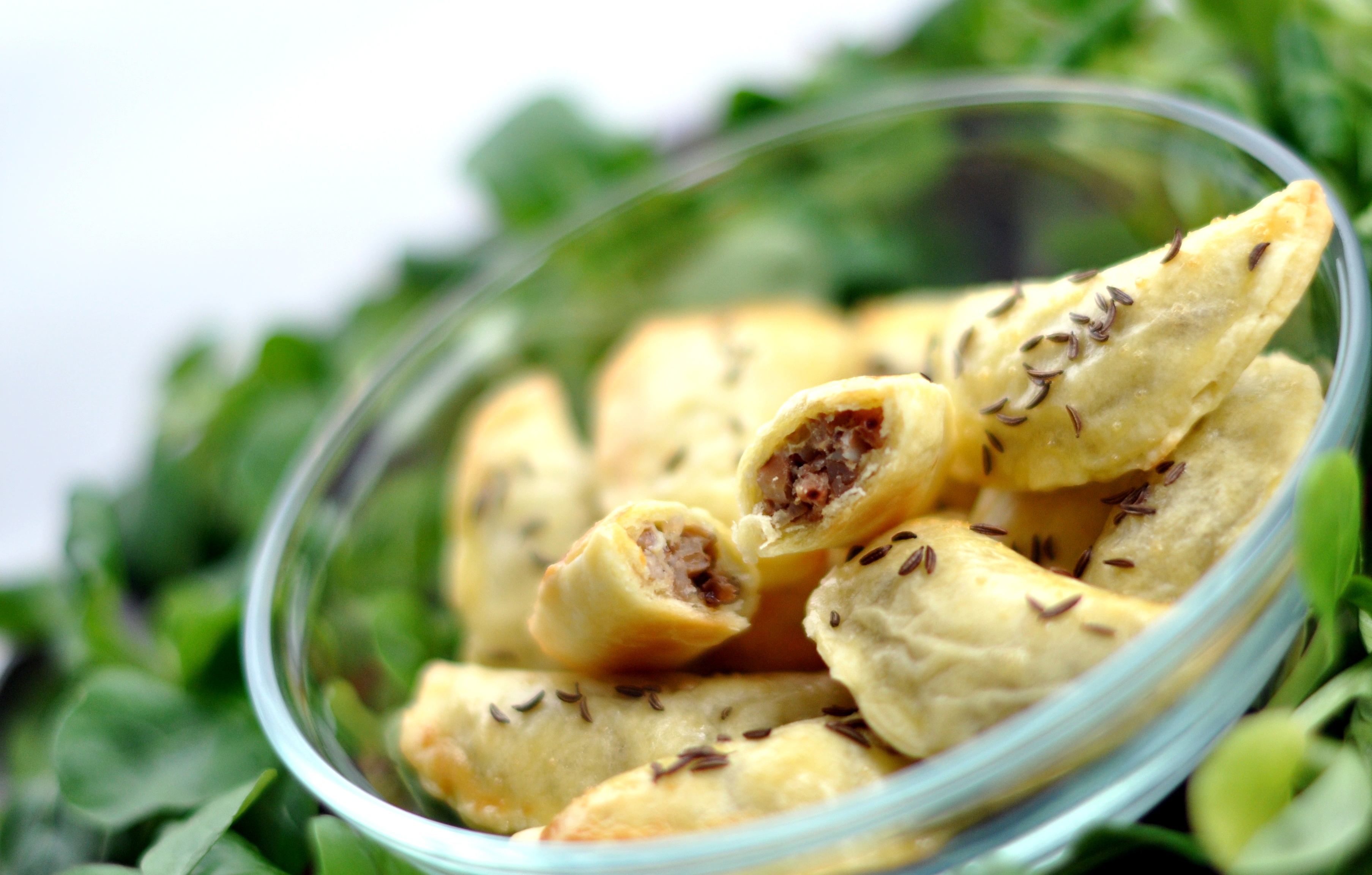 Baked pierogi with buckwheat groats and cumin seeds