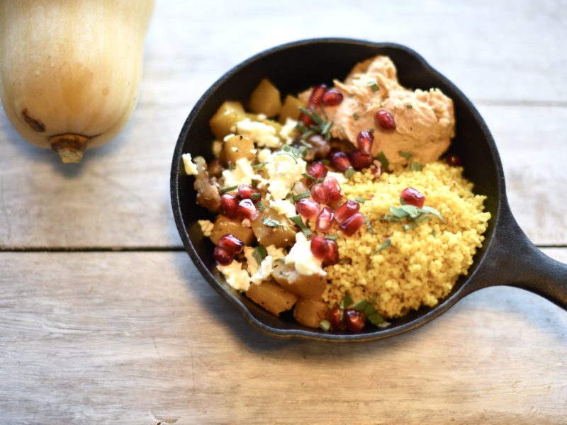 Roasted butternut squash with aromatic couscous and white bean hummus